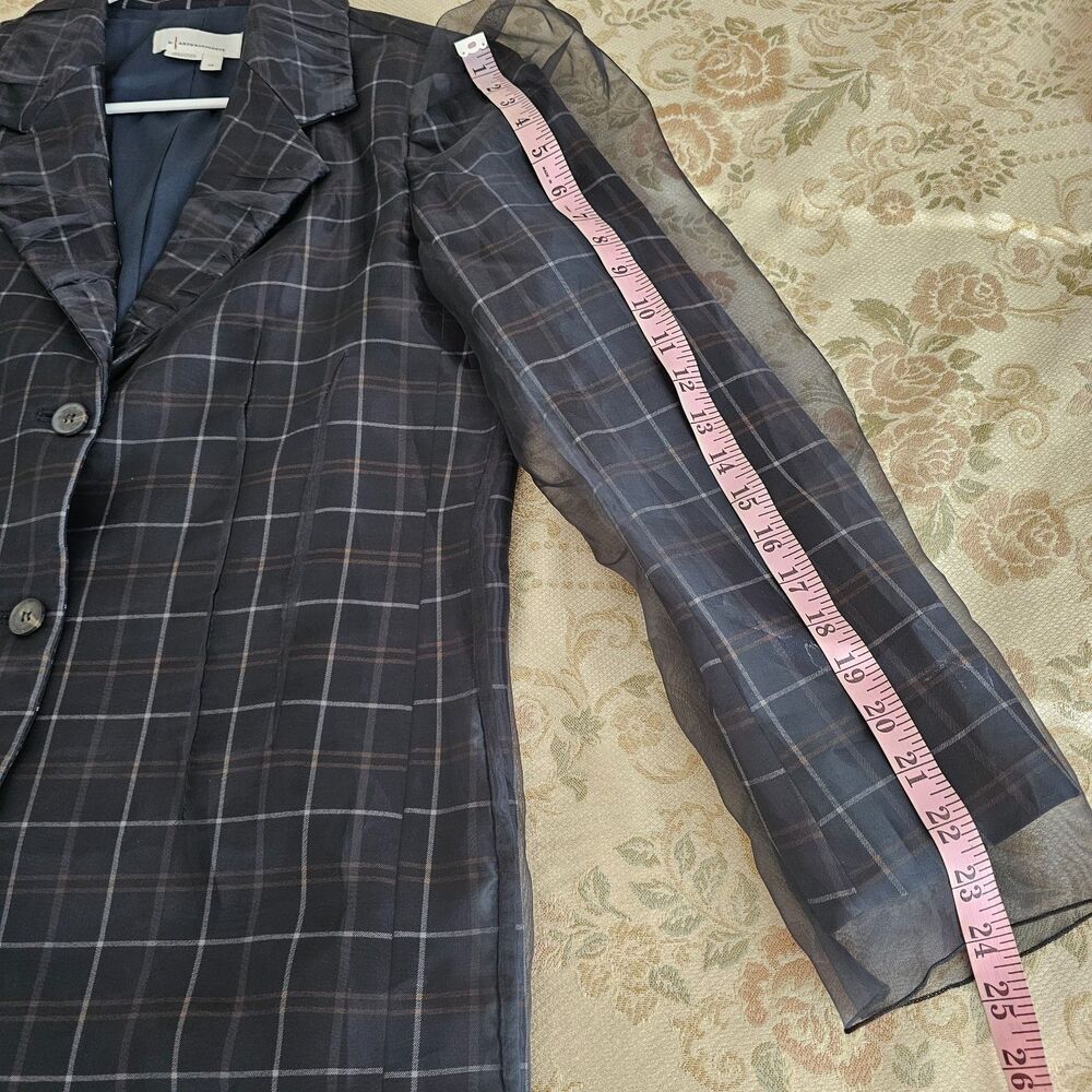 Anthropologie Women’s Tulle Overlay Plaid Blazer XS Navy Blue Tartan Chic Jacket - Picture 6 of 8